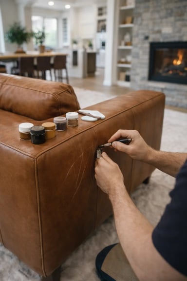 Person repairing scratch on leather couch with repair kits
